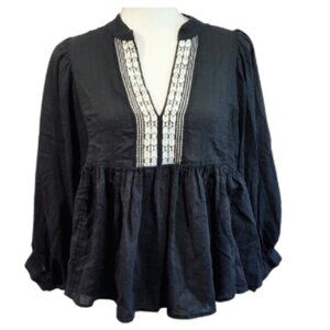 BANANA REPUBLIC FACTORY Black Puff Sleeve Baby Doll Blouse Women's M Petite